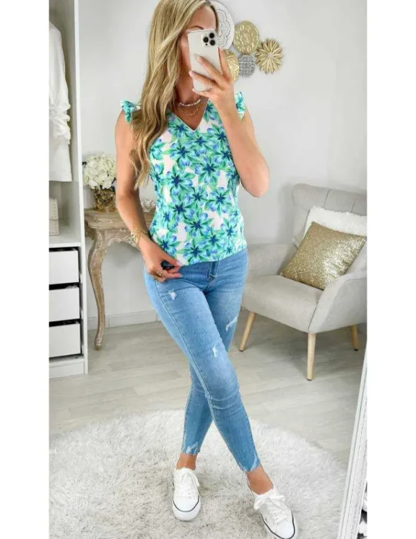 My Look Féminin top léger et fleuri vert d'eau & bleu Sale
