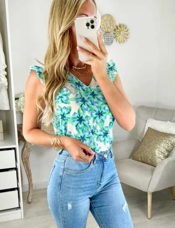 My Look Féminin top léger et fleuri vert d'eau & bleu Sale