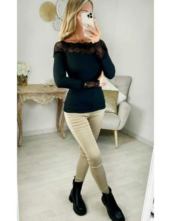 My Look Féminin top noir côtelé col dentelle Discount