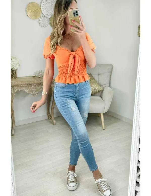 My Look Féminin top orange flashy noué & smocké Clearance