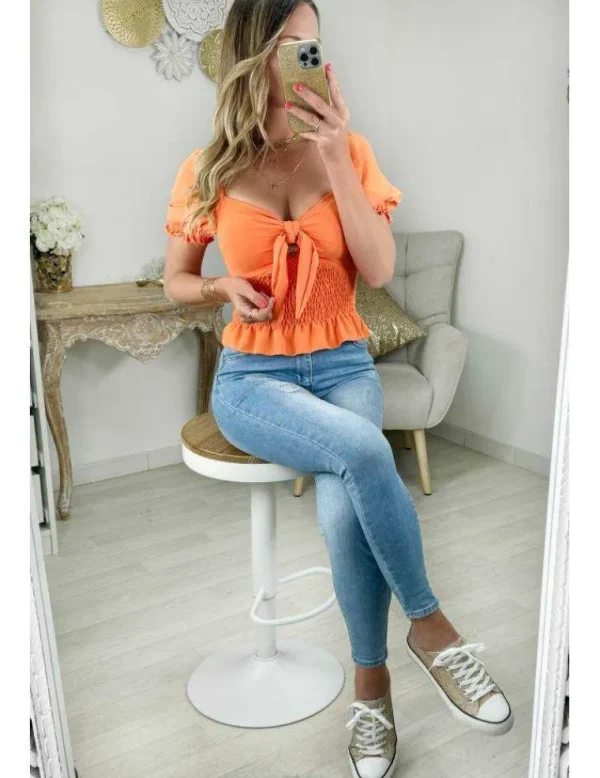 My Look Féminin top orange flashy noué & smocké Clearance