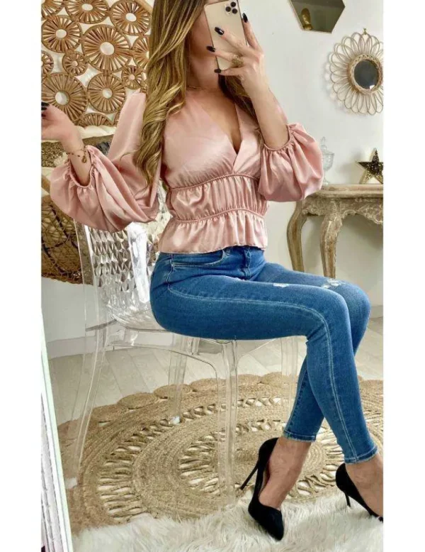 My Look Féminin Top rose court "smoké et satiné" Clearance