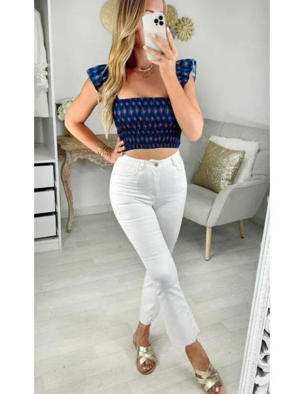 My Look Féminin top smocké bleu canard et orange Sale