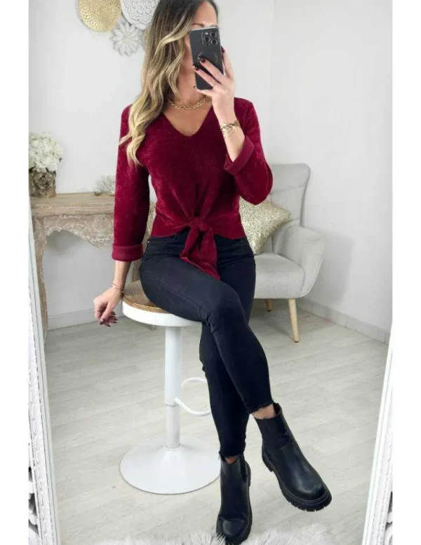 My Look Féminin Top style velours bordeaux noué Outlet