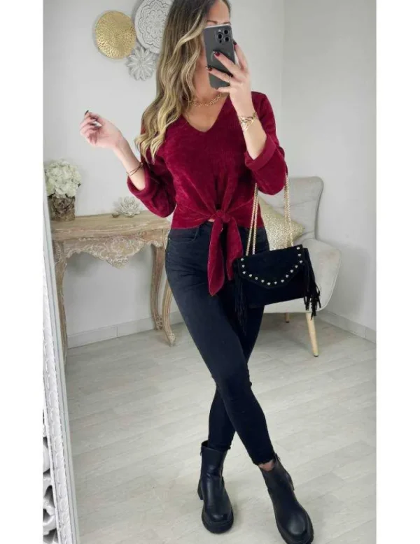 My Look Féminin Top style velours bordeaux noué Outlet