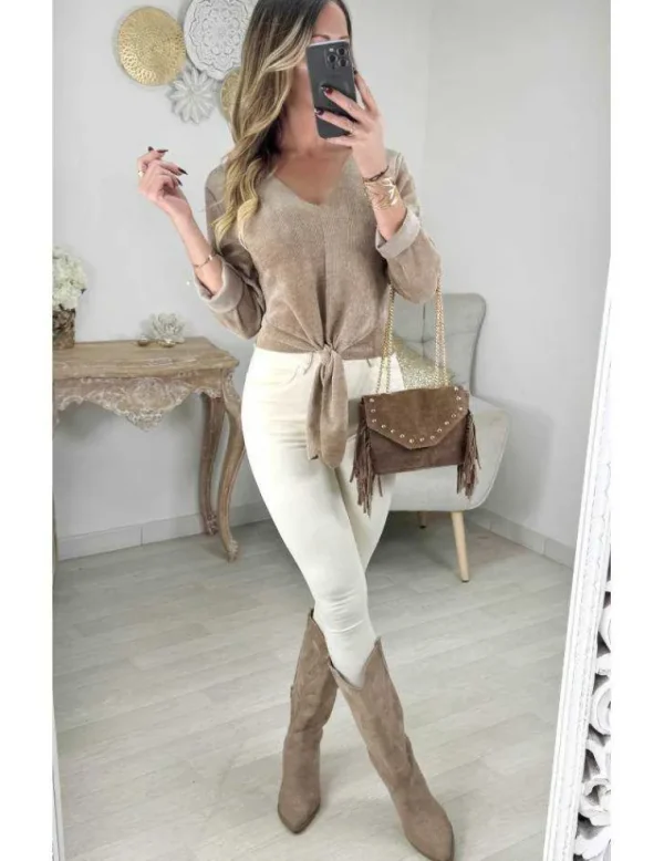My Look Féminin Top style velours taupe noué New