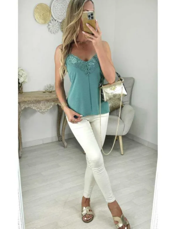 My Look Féminin top vert d'eau col v en dentelle Hot